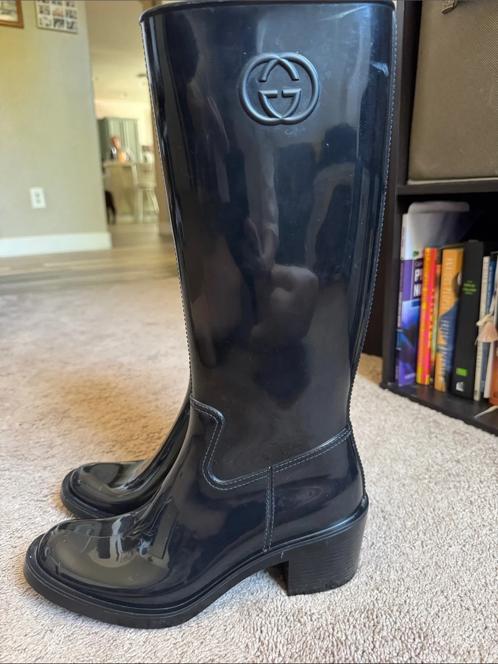 Gucci Glossy Black Tall Logo Rain Boots